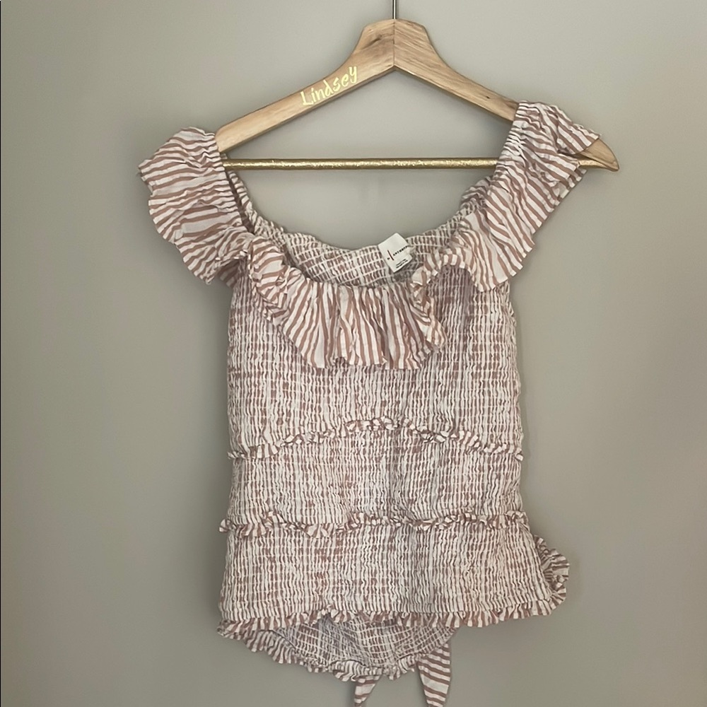Anthropologie Tan Puff Sleeve Smocked Blouse